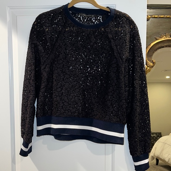 Zara Black Lace Shirt with Navy & White Ribbed Detail - Picture 1 of 4